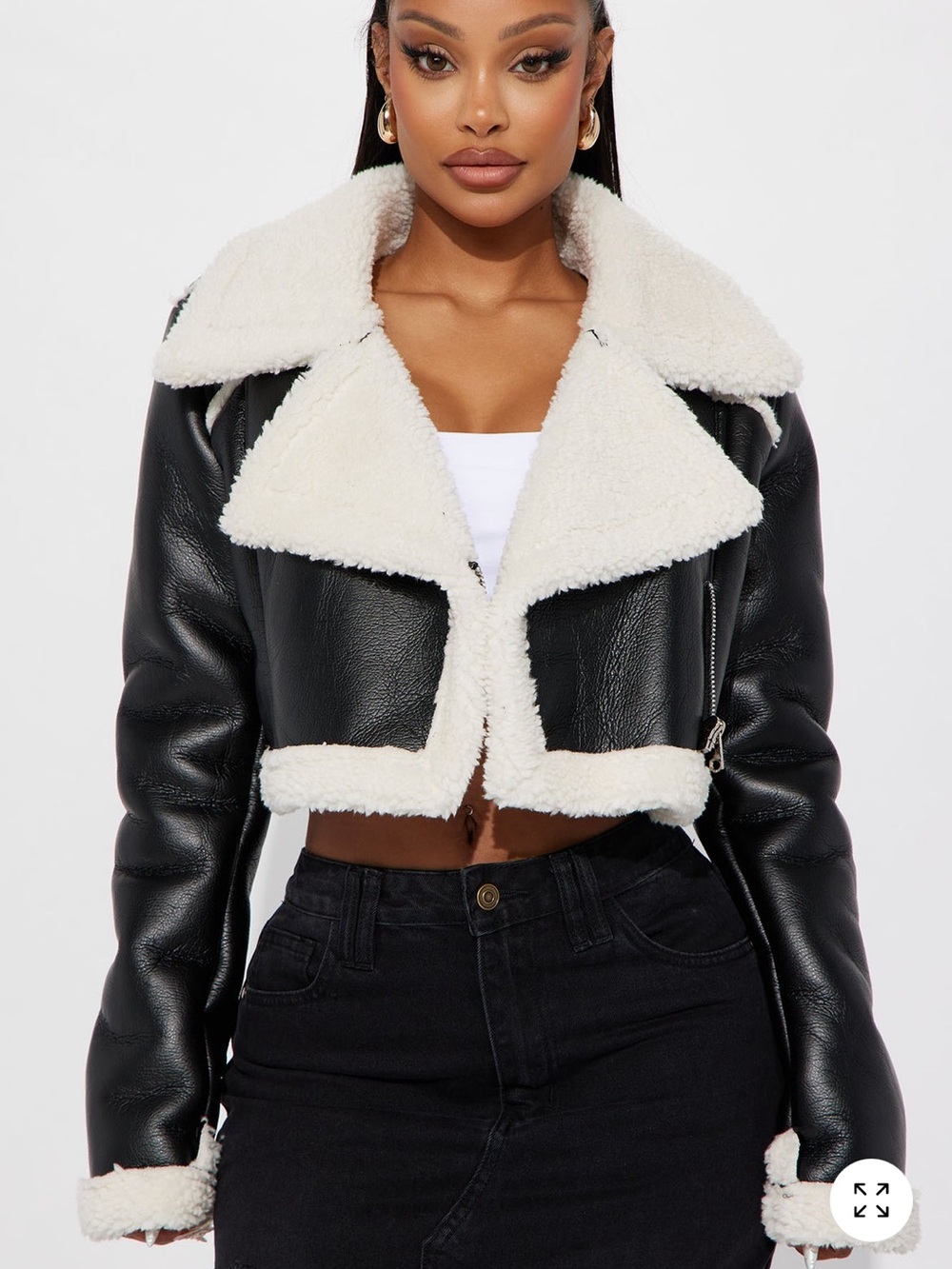 Fashion Nova Black Faux Leather Cropped Sherpa Jacket - White Trim